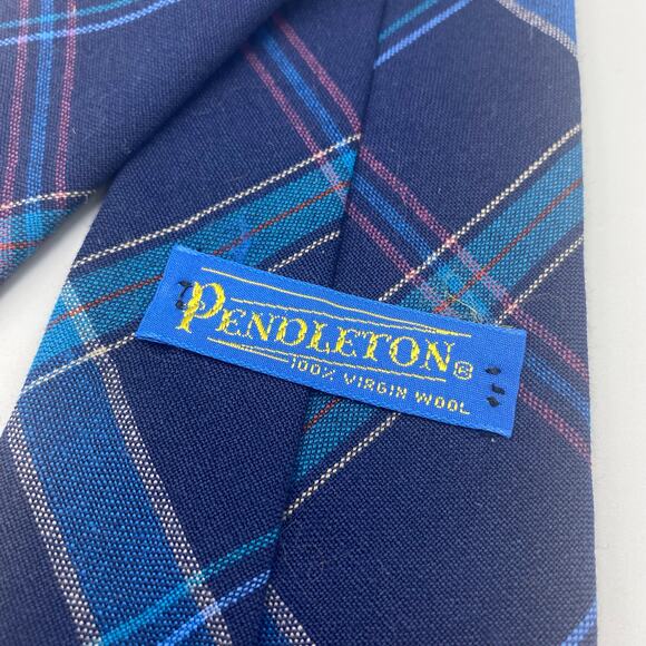 Vintage Pendleton Blue Plaid 100% Virgin Wool Necktie Made In USA Tie - Picture 2 of 5
